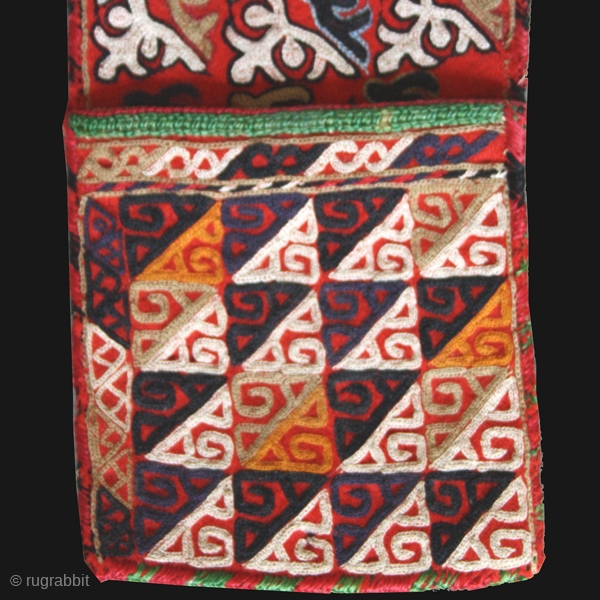 Embroidery cod. 0024.Silk embroidery on cotton. Turkmen people. Turkmenistan. Late 19th. century. Very good condition. Cm. 9 x 42 (4" x 1'4"). Backed with old ikat textile.      