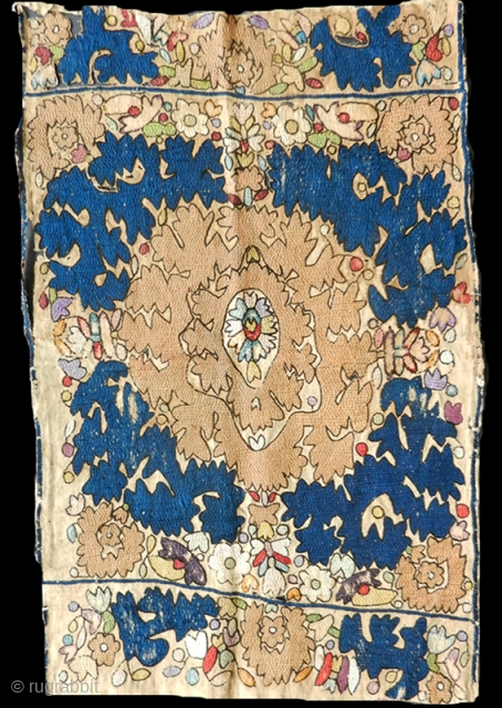 Thansifa fragment cod. 0814. Silk embroidery on cotton. Tetouan area. Morocco. Early 19th. Century. Good condition. Dimension cm. 63 x 41 (25” x 16”).         