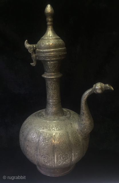 A rare circa 18th c Afghanistan brass ewer. Complete handcrafted 
And very finely hand carved. Height 16 inches               
