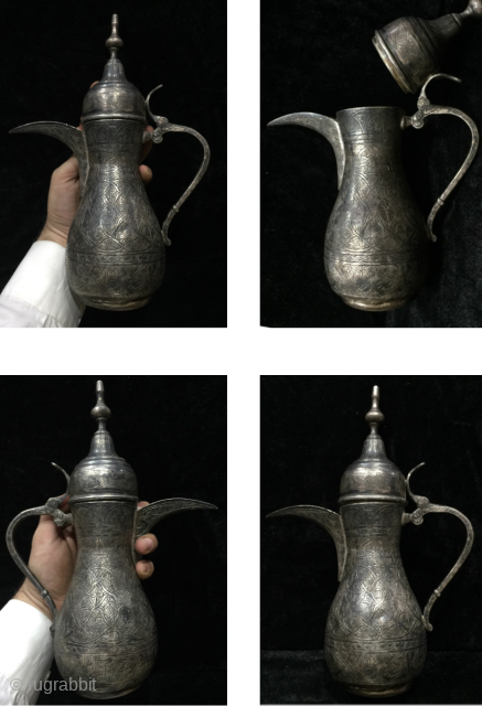 Antique arabic style coffe/tea pot from Saudi Arabia.
High quality silver ( 90% )  , there is a hallmark at the bottom of the pot and on the tea pot head cover  ...