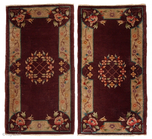 #1B368  Hand made antique Art Deco Chinese pair of rugs 2' x 3.10' ( 61cm x 119cm ) C.1920             