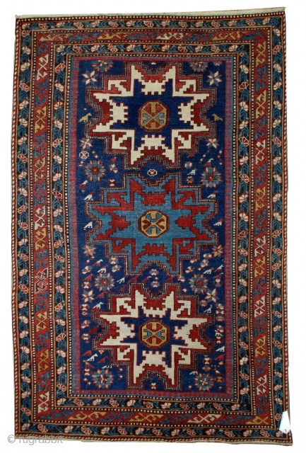 #1B516  Handmade antique Caucasian Lezgi rug 3.7' x 5.3' ( 113cm x 161cm ) C.1880                 