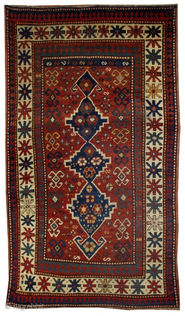 Handmade antique Caucasian Kazak rug 3.11' x 6.1' ( 121cm x 186cm ) 1900s - 1B558                 