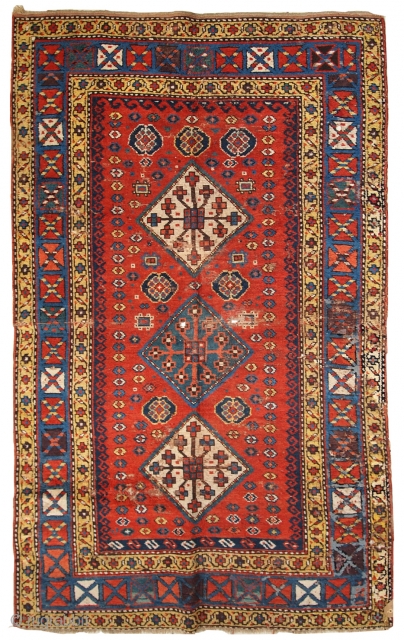 #1C259  Handmade antique Caucasian Kazak rug 4.1' x 6.9' ( 127cm x 211cm ) 1860.C
                 