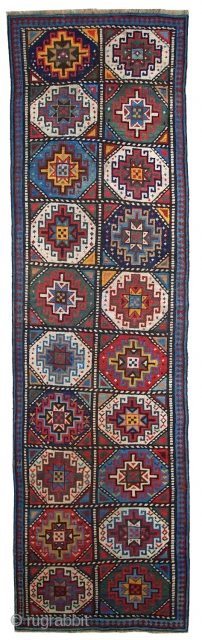 #1B501  Handmade antique Caucasian Kazak runner 2.2' x 7.6' ( 69cm x 234cm ) 1920.C                 