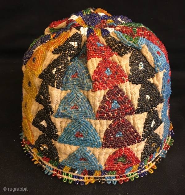 Antique Traditional Ceremonial Vintage Glass Beaded 

Turkish Skullcap -Hat From Kutahya made inkoy.                    