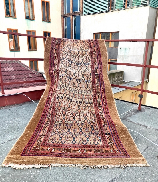 Camel hair Hamadan or Serab, pre 1900, 105x272 cm (3’6” x 8’11”), very good condition, shiny camel hair borders, lot of devices from different regions.        