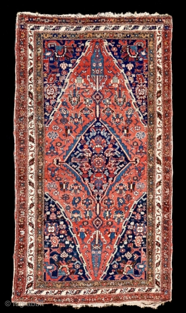 Shiny antique Zanjan Khamseh, Kajaluk village. 106x190 cm (3’5”x 6’3”). One would say Hamadan, but it is Zanjan Khamseh, from Kajaluk village.
Not to be confused with the Khamseh Confederacy amazing rugs!  