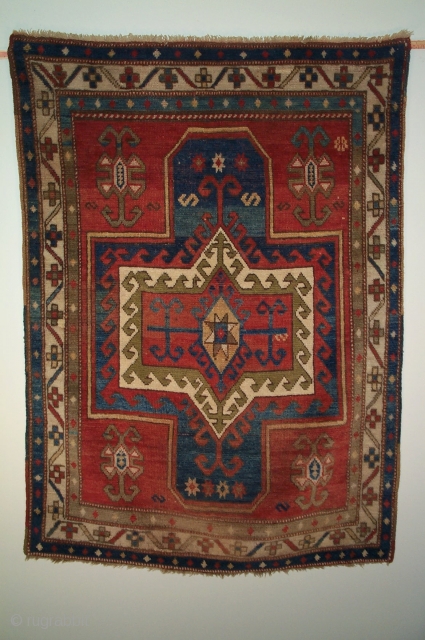 Caucasian Fachralo prayer rug, late 19th century, 4.6 x 3.3.  Good example of meander-and-cross border.  Silky wool, floppy handle.  Looks like a synthetic dye completely washed out, front and  ...