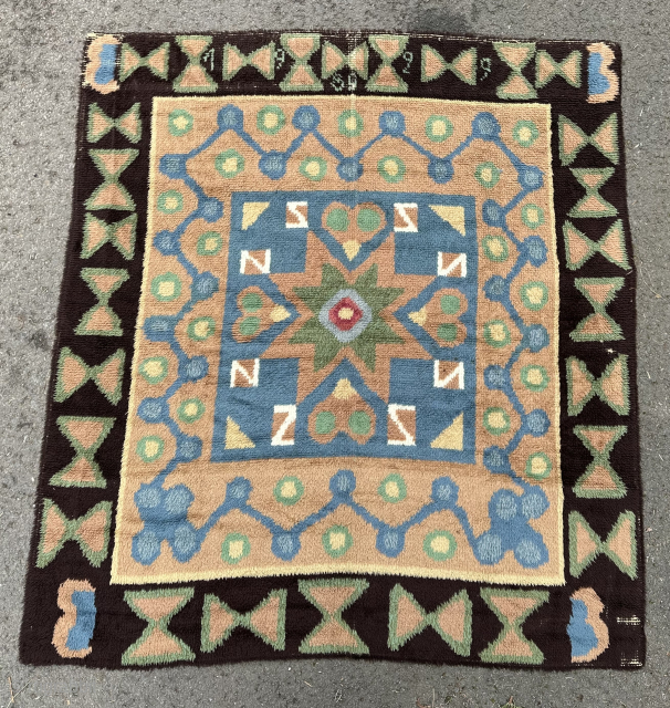 Finnish rya rug. Dated 1929. In good condition. Some slight corrosion to the black wool in the border. 166x148cm. Email owenrugs@gmail.com            