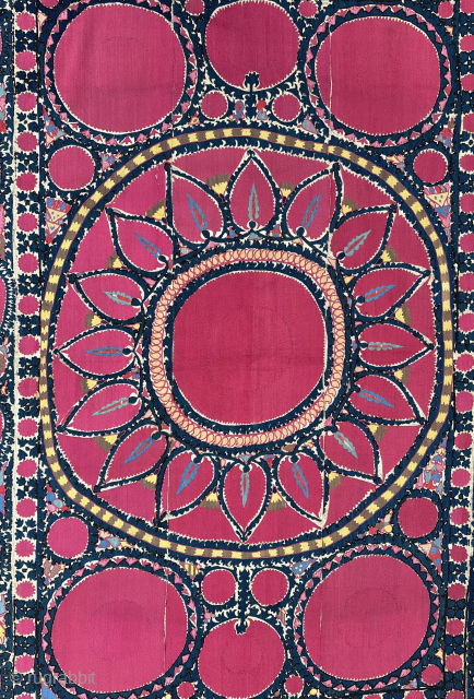 Antique Uzbekistan suzani from the Tashkent area. 19th century. Finer than many and very decorative. Email enquiries to owenrugs@gmail.com              