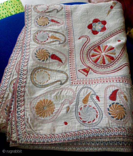 Old vintage Kantha from West Bengal with very fine hand embroidery big size with beautiful mango design on the four side corners the condition of the Kantha is very good and the  ...