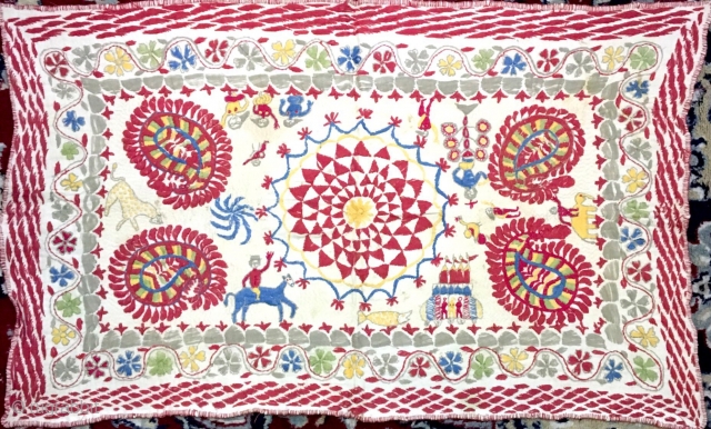 Rumal size rare Kantha from West Bengal India C.1900 with one of the subject related to Krishna life story one of the rare subjects in Kantha with fine hand needle embroidery work  ...