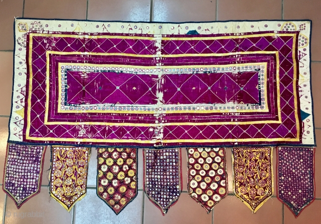 Vintage rare  khatipa Toran wall hanging from morbi city of Gujarat India in  good condition the size of this Tirana is 139 cm X 88cm .     