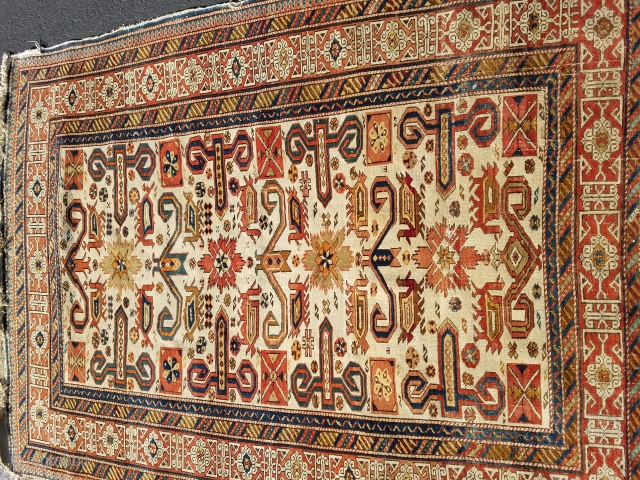 Antique Kuba Perpedil rug 3.10 x5.2.  Has a little bit of loss on the sides, but top and bottom are complete.           