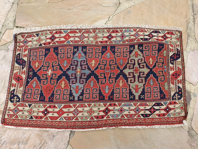 19th century Shahsavan soumak mafrash panel. 1.6 x 2.6 ft.5t Great saturated colors. Spacious and refined drawing used with the cruciform motif. no repairs and fine weave.      