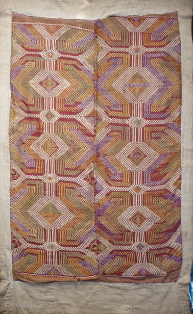 a rare  wedding blanket made of 2 strips of silk woven with supplementary weft. tai group, xiengkhuang province, lao. early 20th century.          