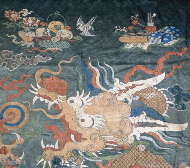 outstanding  complete silk brocade  portiere or door hanging. one old repair in the dragon tail area (see pic). china, kangxi era, around 1700, approx, 70x 200cm.     