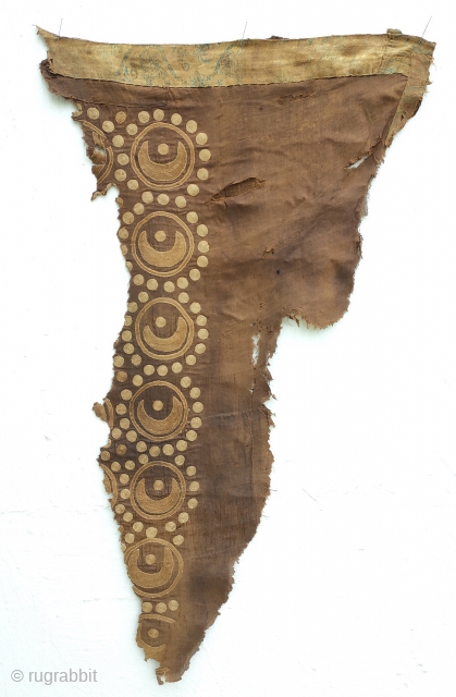 central asian chain stiched bow cover fragment, southern east turkestan, southern silk road area depicting an ancient central Asian cultures moon and sun design. for a related example please see the "cotsen  ...