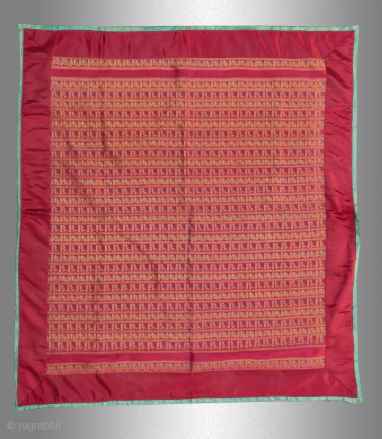 Banarasi Zari Chokora
SIZE: 34" x 39"
AGE: 90 years old approx.
FROM: Banarasi 
NOTE: Beautifully woven silk with rows of birds and elephants. Green and red satin border
       