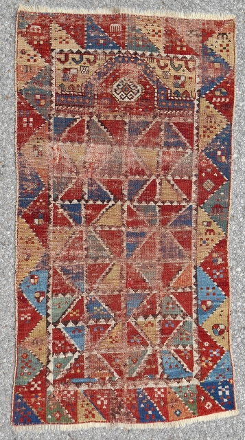 Extremely rare Caucasian Kazak prayer rug. Mid 19th c. The only related example (in excellent condition) i can find sold at Rippon for over $20k.        