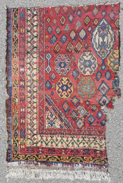 Very cool Persian Kurdish rug fragment. Mid 19th c. About 3 x 4.5 ft. High pile. Excellent color. Please email me directly: patrickpouler@gmail.com.          