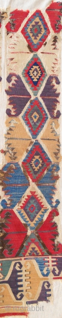 18th c. Central Anatolian fine kilim fragment (detail). . Mounted on linen. Very best color!!                  