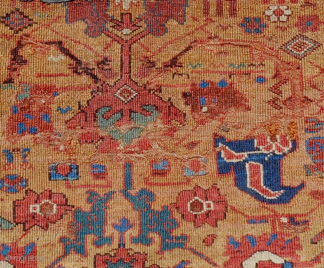 Extremely rare 18th c. Classical SaujBulagh Kurdish rug fragment (detail). Camel ground. There are only a few of these extant and this is one of the oldest based on the drawing details. 