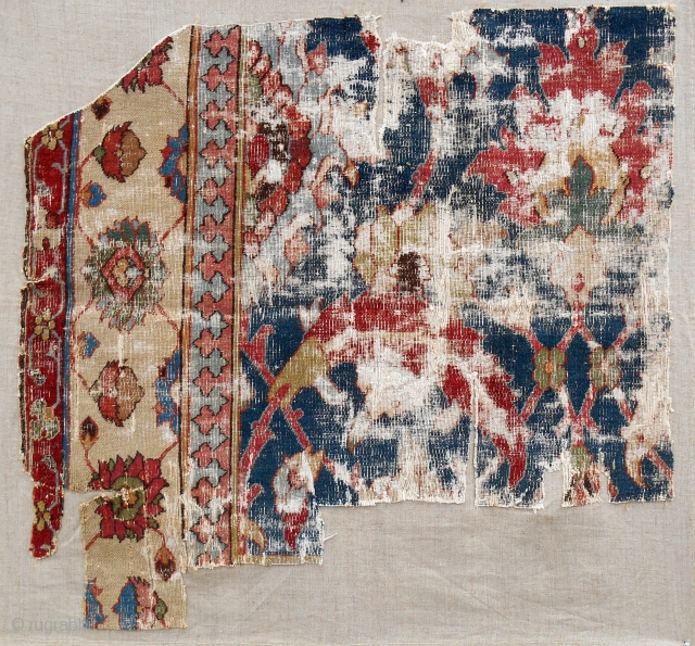 Very rare and fine Herat carpet fragment. Conserved & mounted on linen.                     