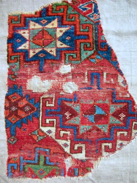 18th c. Anatolian Sivas rug fragment. Look at the green! Conserved & mounted on linen.                  