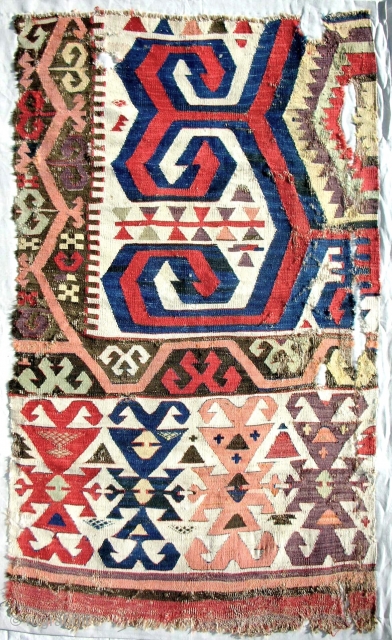 18th c. central Anatolian kilim fragment. Professionally conserved and mounted on linen. Bold drawing and best color! Full panel width.             
