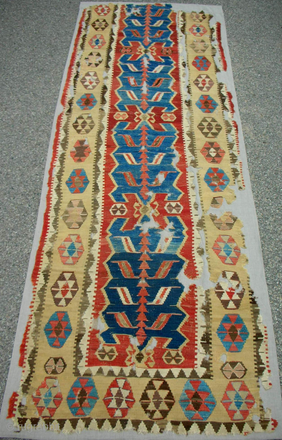Exceptional 18th c. One piece Anatolian Obruk kilim fragment. Almost complete. Professionally conserved and mounted on natural linen. One of the best! Contact: patrickpouler@gmail.com         