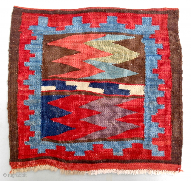 Dramatic 19th c. Shahsavan kilim bagface.                           