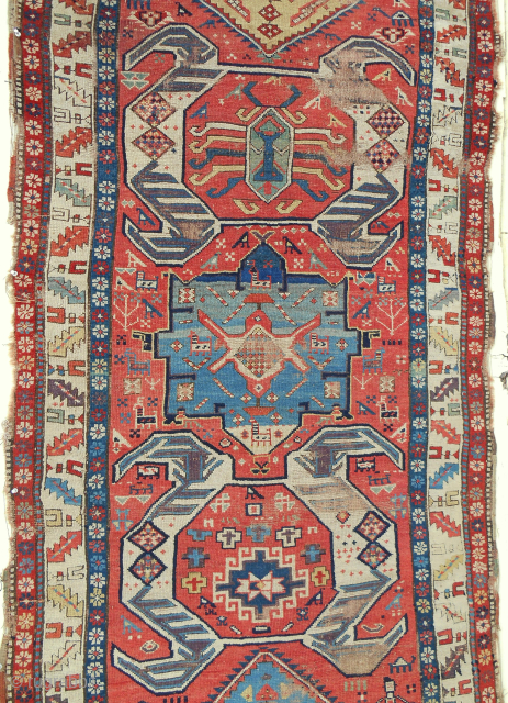 Extraordinary and whimsical Shahsavan or Armenian long rug from the Moghan plain (detail). Lenkoran design. Marvellous color. Reasonable condition with medium pile but some obvious issues. Mid 19th c. older. Email me:  ...