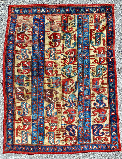 Early 19th c.  Kurdish Saujbulagh rug fragment composed of assembled borders. About 3x5ft. Cool! Please email: patrickpouler@gmail.com               