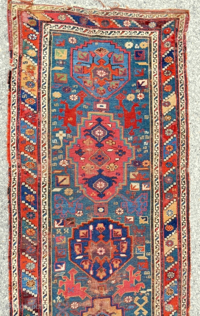 Early 19th c. Northwest Persian or Anatolian Kurdish complete long rug. (Detail). Very fine weave. Rare and unusual. Exceptional color!             