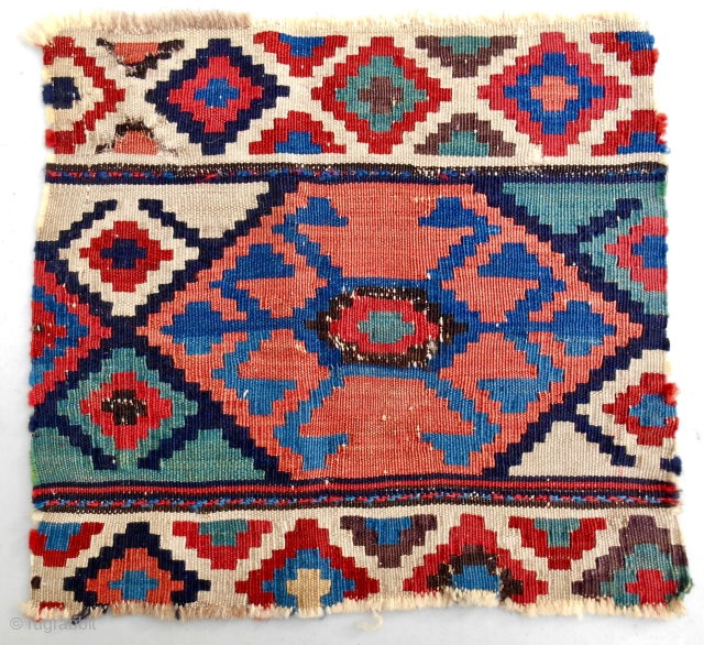 Very fine Shahsavan kilim mafrash end panel (14" x 13"). 19th c. Bold design. Crystal clear, saturated colors. Please email: patrickpouler@gmail.com            