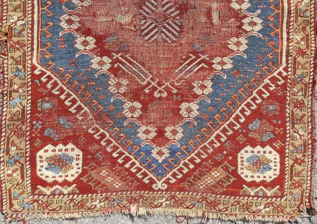 Early small Kiz Bergama west Anatolian rug. 3'-2" x 3'-11". Fine and thin with features and details i have not seen before, including the Ladik border. Excellent saturated color!  I think  ...