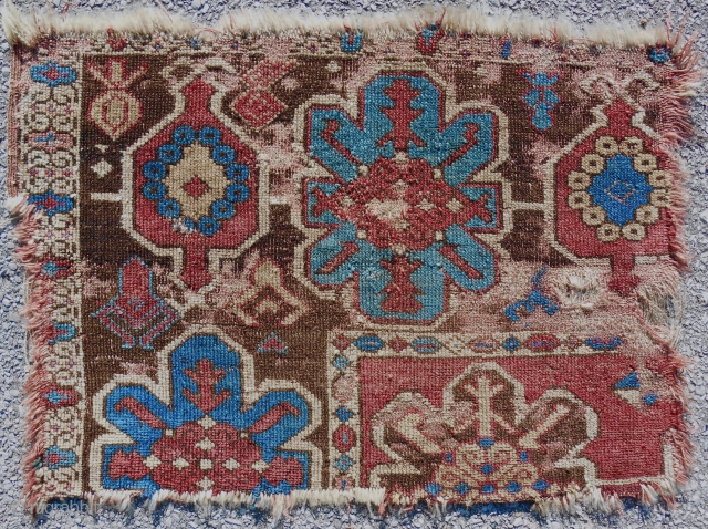 Circa 1700 or older “Golden Triangle” fragment (29” x 21”) sourced in Tibet in the 90’s. Northwest Persian or Southeast Anatolian. Upper top left corner of a rug. Super rare, indeed.  