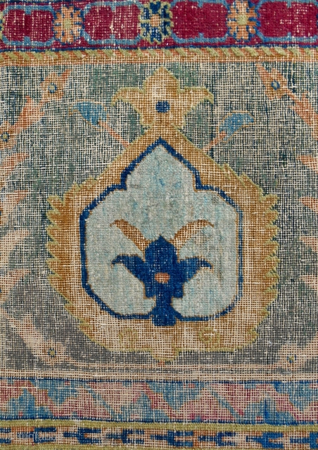 17th c. Persian Kirman carpet border fragment. 29" x 22". From the same carpet as the recently sold Dixon piece (Skinner lot 157). Equally ancient and beautiful.      