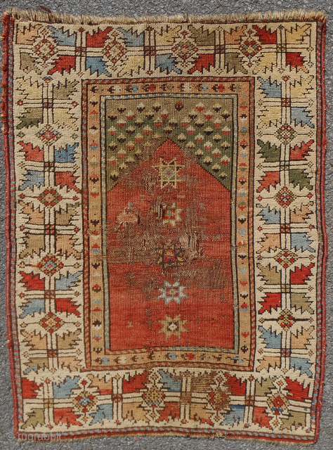 Small Early Anatolian Manastir prayer rug. Circa 1820-40. Excellent example. Complete. Good pile on border. 2'-10" x 3'-9". Clean. Classic rug at Reasonable price. Email: patrickpouler@gmail.com       