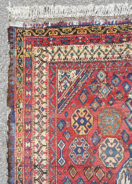 Dramatic early 19th c. NW Persian Kurdish rug fragment. New to the western market. About 3 x 4ft. All original. Excellent pile. Clean. Look at the color! Email: patrickpouler@gmail.com    