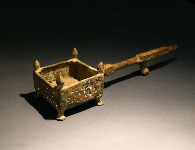 Seljuk bronze incense burner in the form of a brazier with handle. Khorasan, Iran ca. 12th century AD               