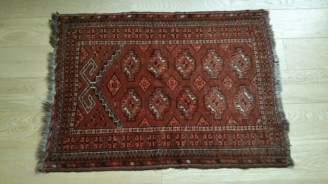 Antique Turkmen Kizil Ayak Prayer Rug.
Brown wool warp.
28 in. wide–40 in. long.
Medium, uniform pile.
Partial  loss of end borders, but main field is good.
         