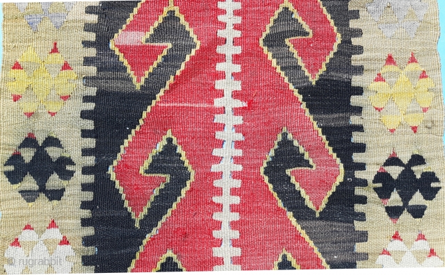 Zippy Kilim.

Fragmentary Turkish item of highly distinctive design and curious material. Wefts and warps are both of lustrous natural yarn which looks and burns like silk. Wacky colour palette to go with  ...