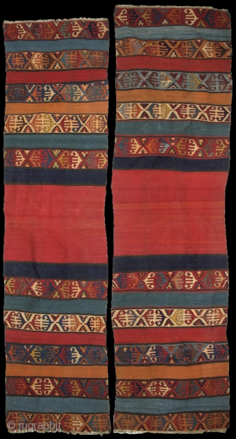 Konya Kilim, Anatolia, late 19th century, maybe earlier? 148x288
From two long panels:72x282cm and 76x288cm, Still not sewed together.
Fantastic, deep and strong natural dyes! Wool on wool without cotton.
Perfect condition.
I've never seen on  ...