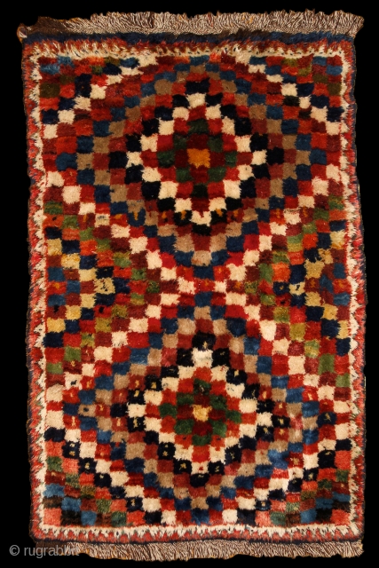 Bakhtiari gabbeh, 180x108cm, first half of 20th century.
4 cm, 1.6 inches (!) pile from great, shiny wool. All natural colors, every of them has more different shades. Beautiful abstract design, like a  ...