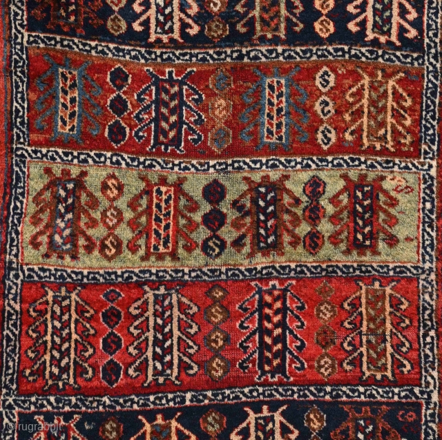 South-east anatolian, Kurdish/Yürük tribal rug with burning organic dyes and full pile of silky, shimemring wool Perfect/untouched condition with original finish-braids at both ends. Very unusual archaic design for the type, which  ...