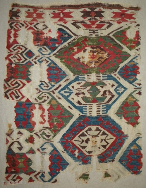 West Anatolian kilim fragment, 146 x 110 cms, great old colours, professionally mounted on linen. Email: peparethos@xsmail.com                