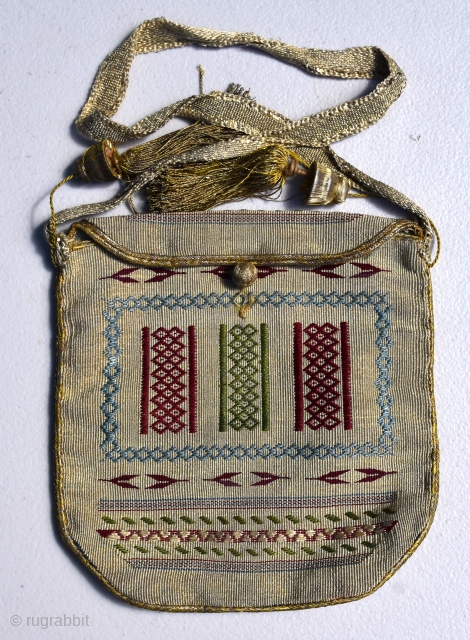 Silk and metal thread purse, probably made in Aleppo, Syria in the early 20th century                  